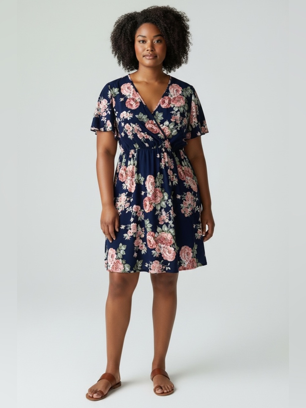 NWOT Faux Wrap Mini Dress Women 2XL Navy Blue Pink Floral Short Sleeve